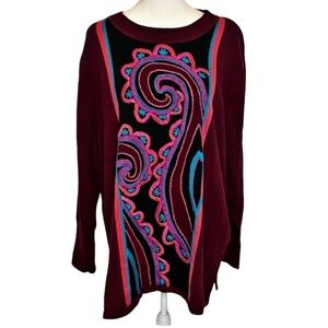 Bob Mackie Wearable Art Vintage Women's Burgundy Paisley Knit Sweater. Size 2X.